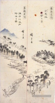 complexe de temples sur une île et ferries sur une rivière Utagawa Hiroshige ukiyoe Peinture à l'huile